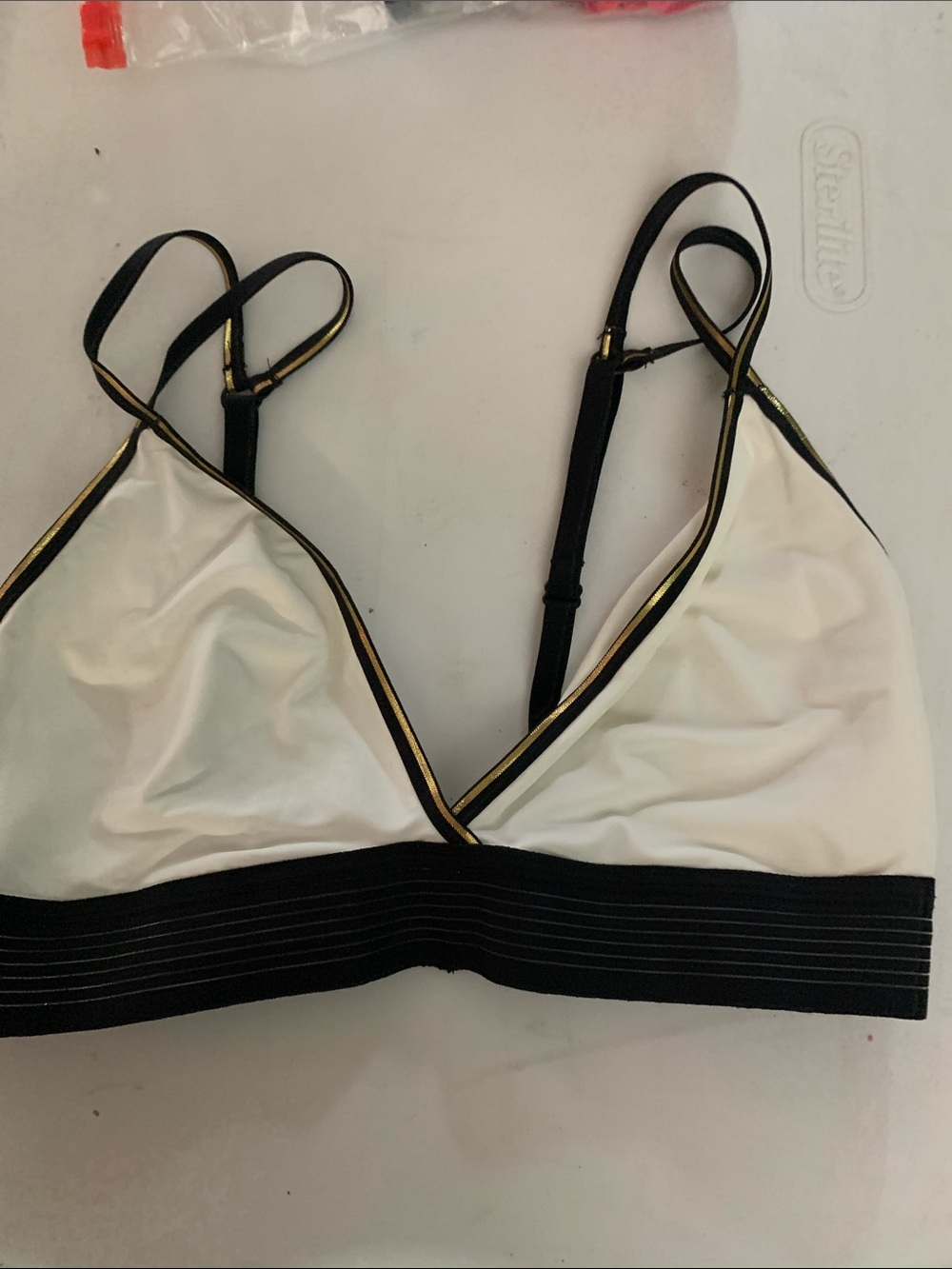 White Triangle Bralette with Black Band and Gold Trim
